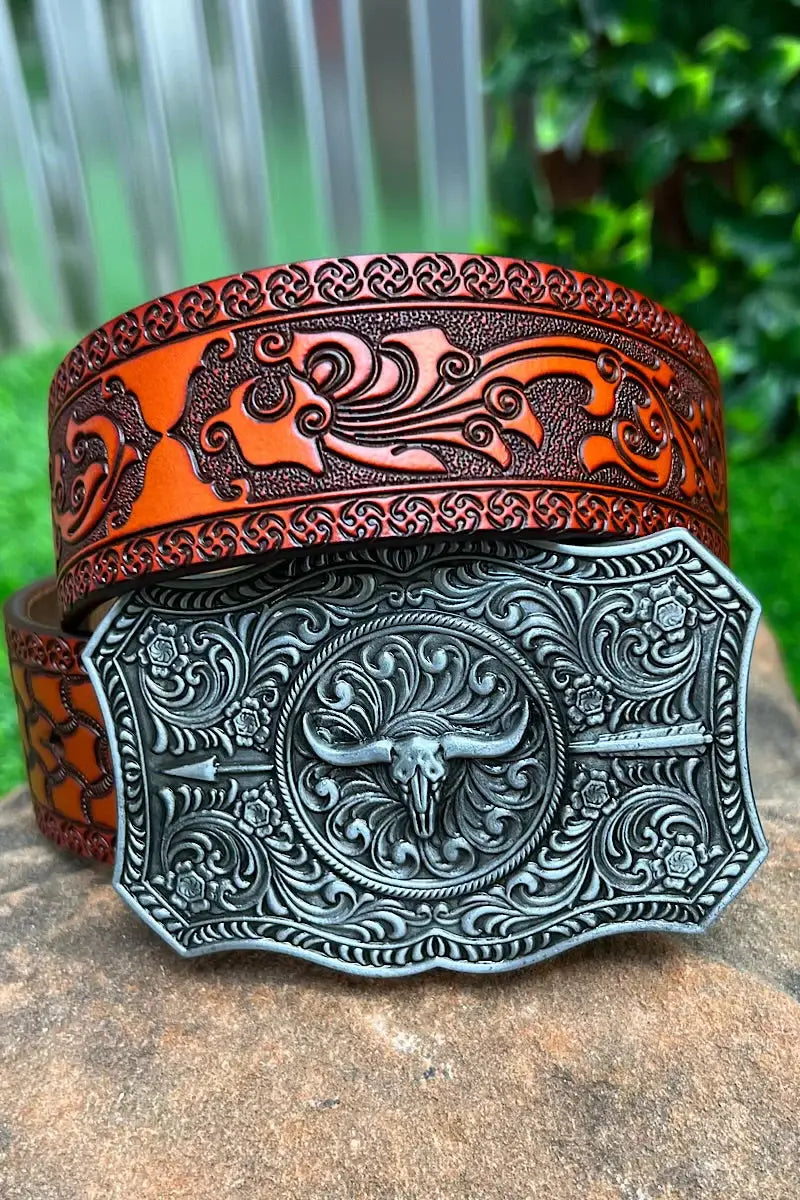 DEMASK STENCIL PRINT ON RED TONE BELT WITH LONGHORN ARROWN