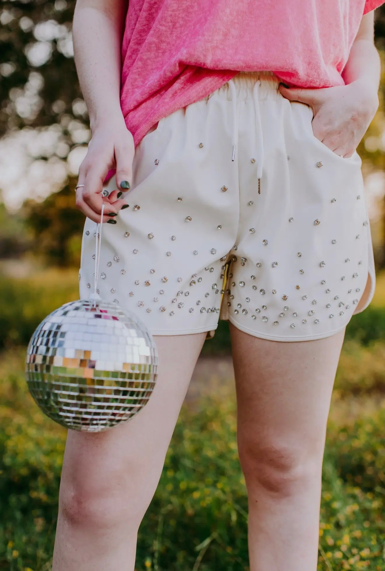 MK328 Sundance Rhinestone Faux Leather Shorts - Cream