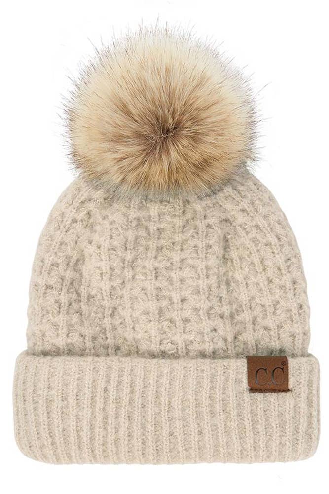 C.C Smocking Stitch Pattern Cuff Beanie with Pom Winter Hat