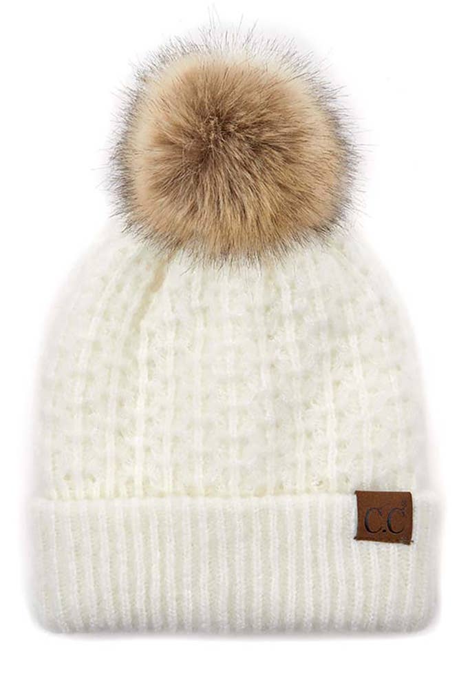 C.C Smocking Stitch Pattern Cuff Beanie with Pom Winter Hat