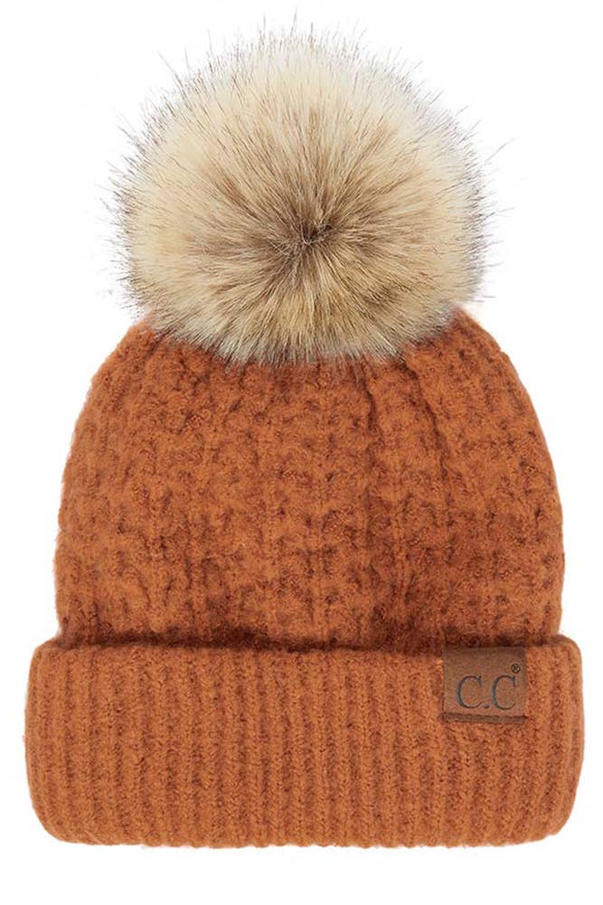 C.C Smocking Stitch Pattern Cuff Beanie with Pom Winter Hat