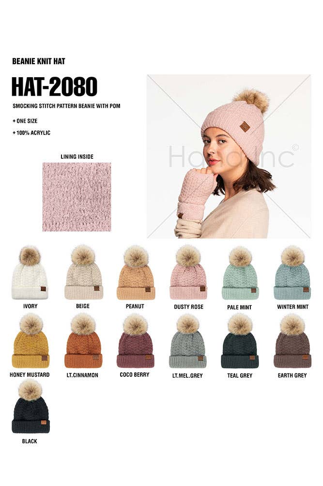 C.C Smocking Stitch Pattern Cuff Beanie with Pom Winter Hat