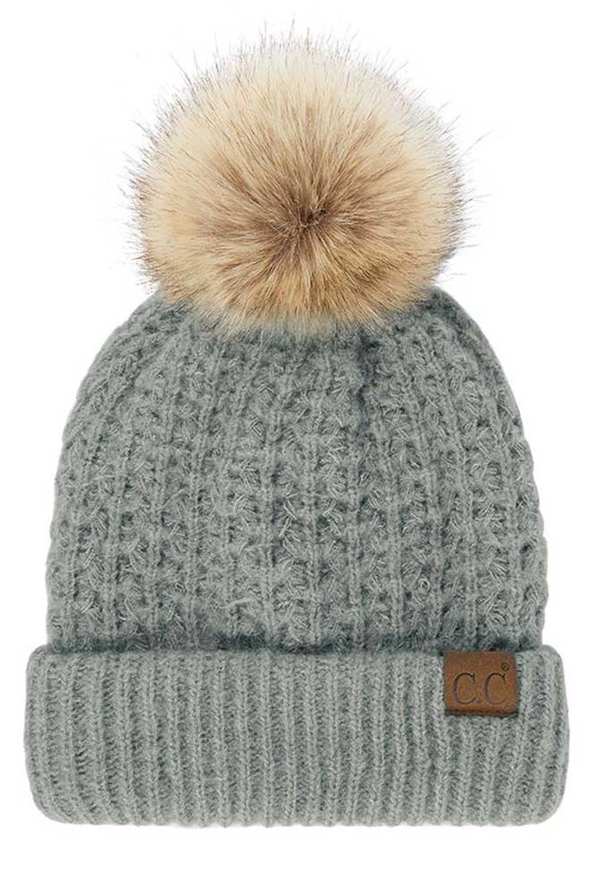 C.C Smocking Stitch Pattern Cuff Beanie with Pom Winter Hat
