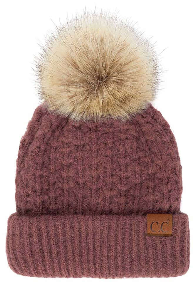 C.C Smocking Stitch Pattern Cuff Beanie with Pom Winter Hat
