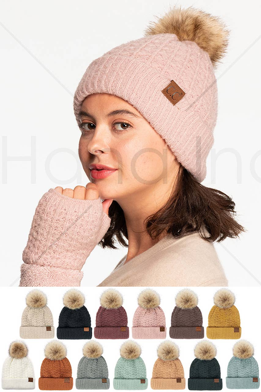 C.C Smocking Stitch Pattern Cuff Beanie with Pom Winter Hat