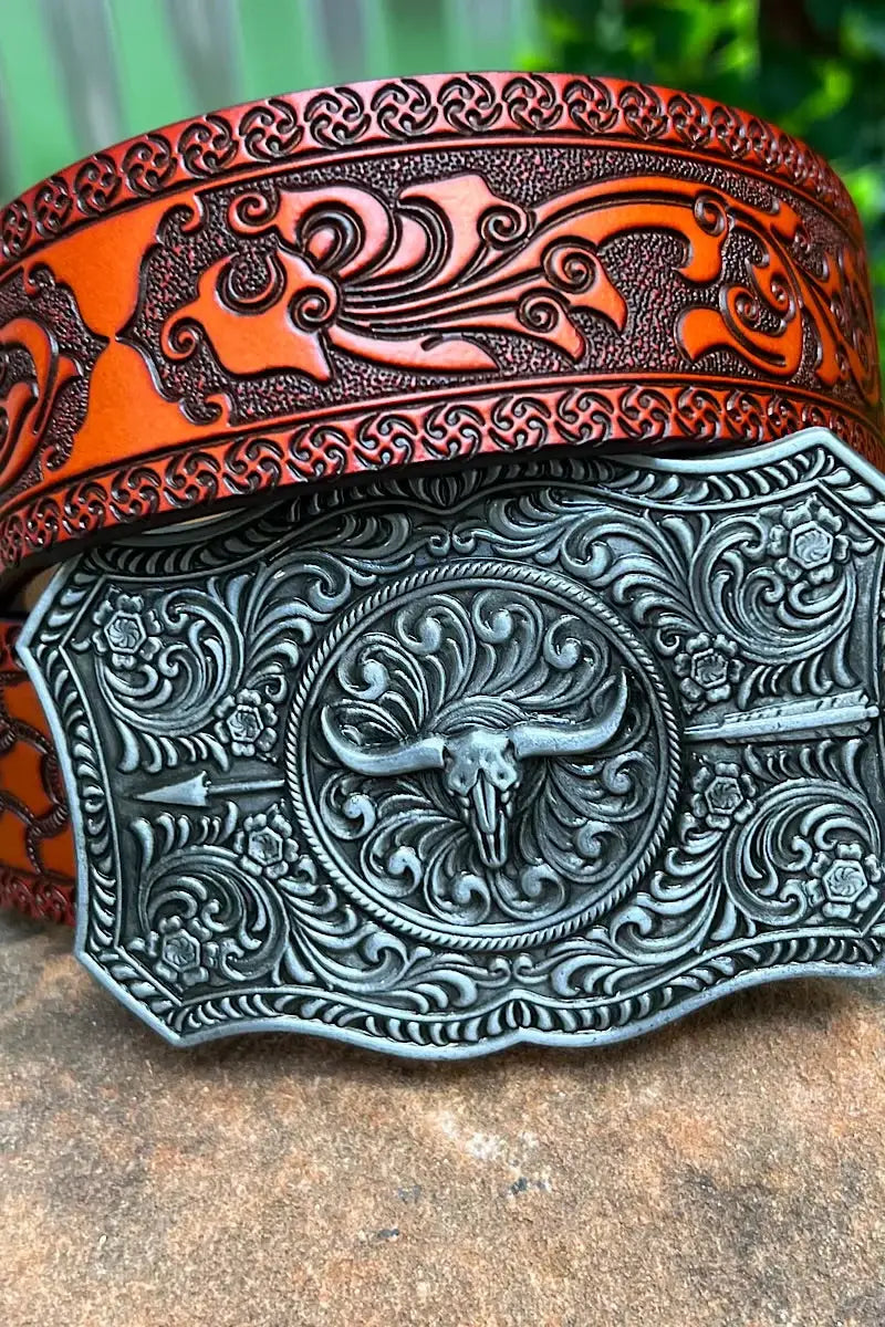 DEMASK STENCIL PRINT ON RED TONE BELT WITH LONGHORN ARROWN