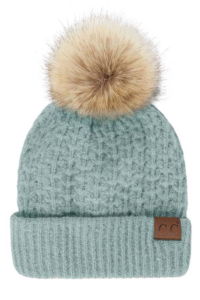 C.C Smocking Stitch Pattern Cuff Beanie with Pom Winter Hat