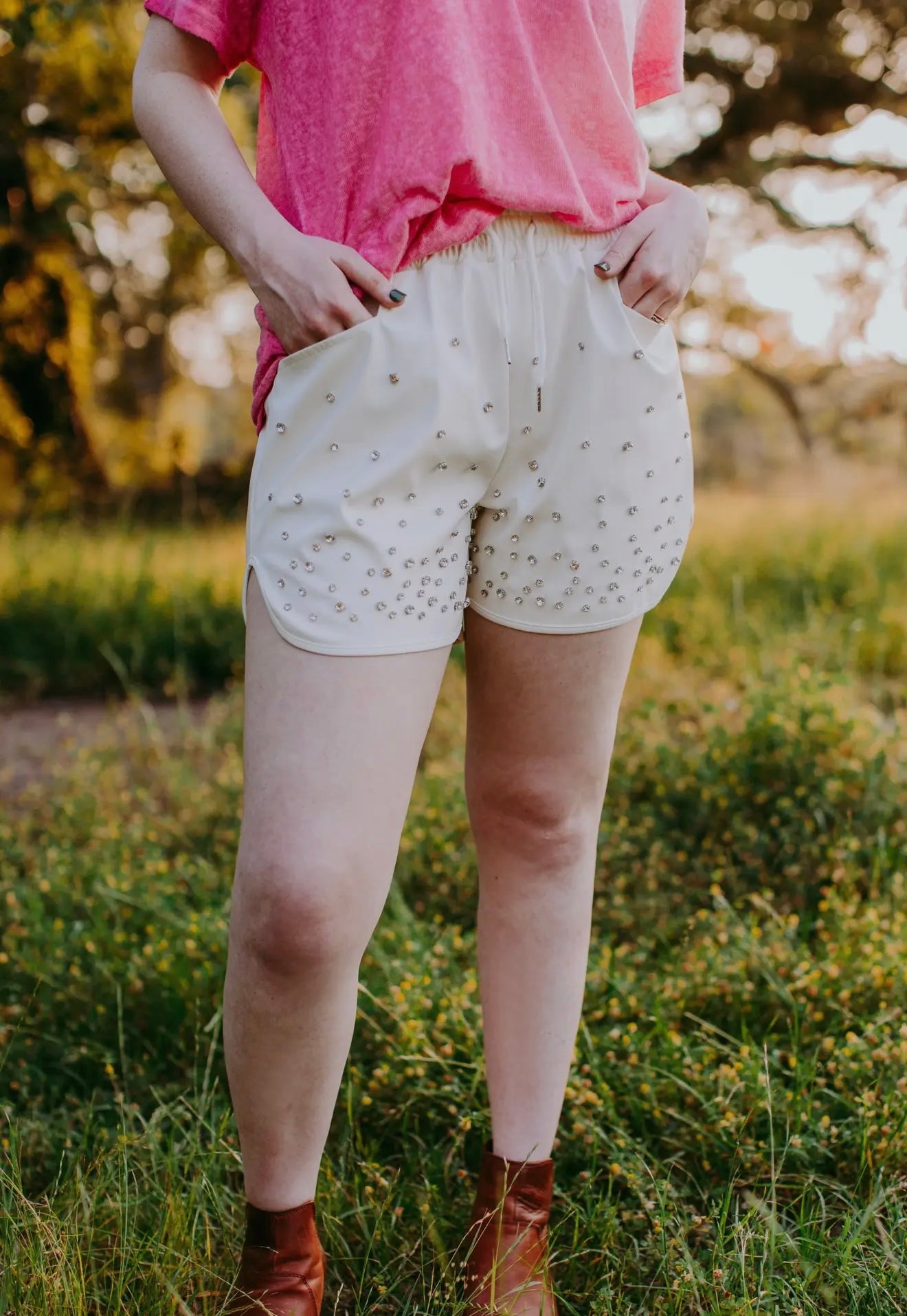 MK328 Sundance Rhinestone Faux Leather Shorts - Cream