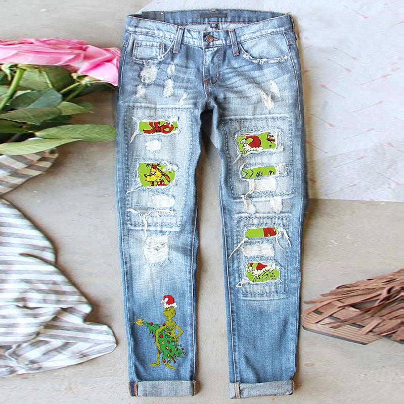 Women’s Distressed Straight Leg Jeans with Christmas