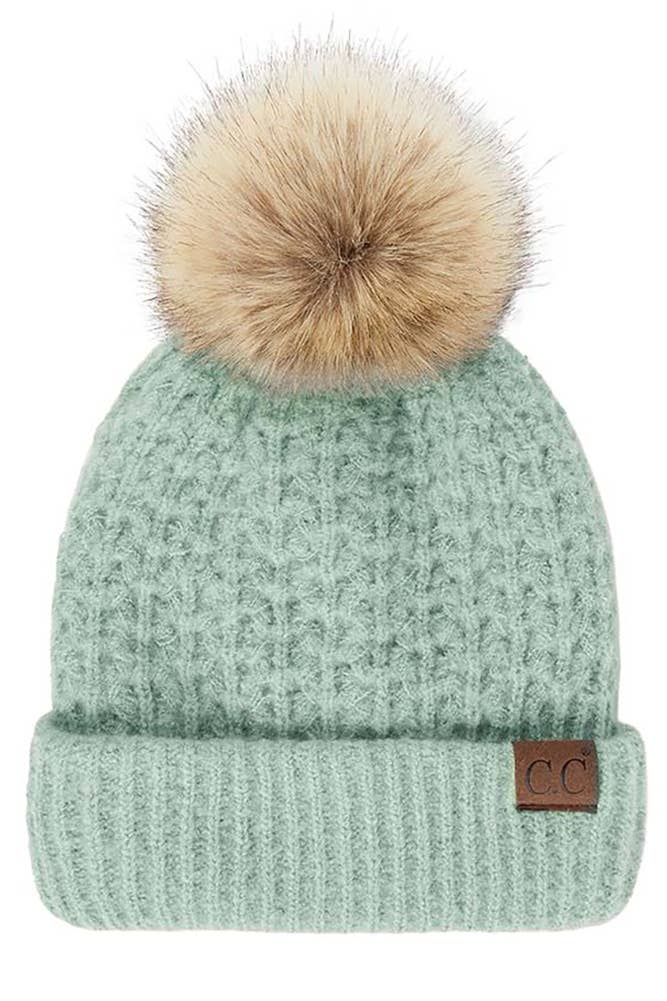 C.C Smocking Stitch Pattern Cuff Beanie with Pom Winter Hat