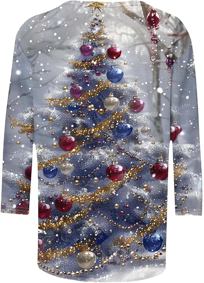 Womens White Christmas Tree 3/4 Sleeve Shirt